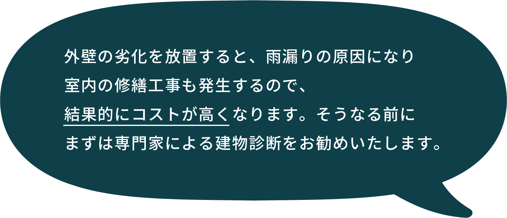外壁の劣化を放置すると、雨漏りの原因になり室内の修繕工事も発生するので、結果的にコストが高くなります。そうなる前にまずは専門家による建物診断をお勧めいたします。